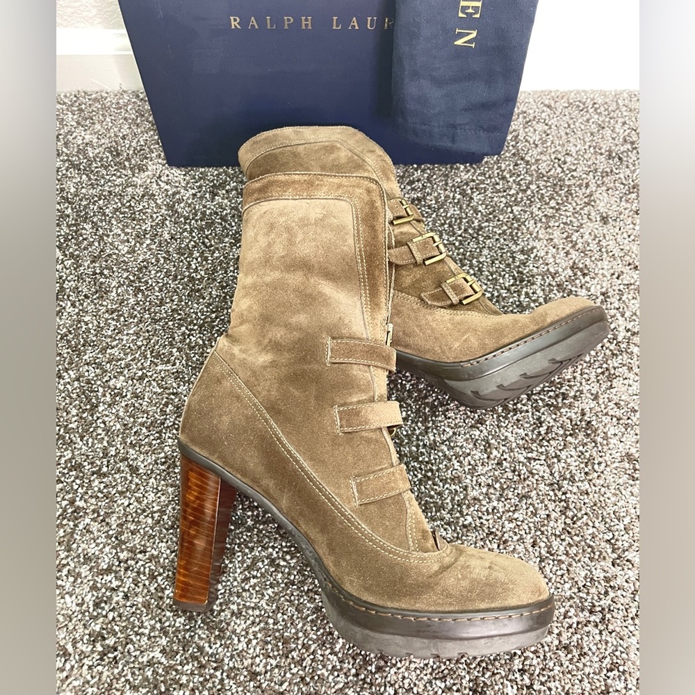 Ralph Lauren Shearling-lined Olive Suede Ankle Winter Boots, size 8.5D - Picture 3 of 11
